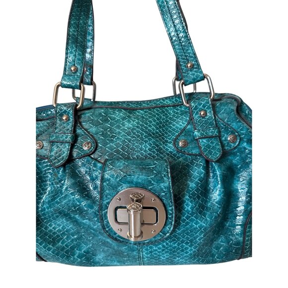 Teal Faux Snake Skin Handbag With Polished Silver Hardware & Dual Top Handles - Picture 3 of 12